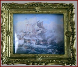 P 013 A Gold Framed Picture of a Naval Battle at Sea